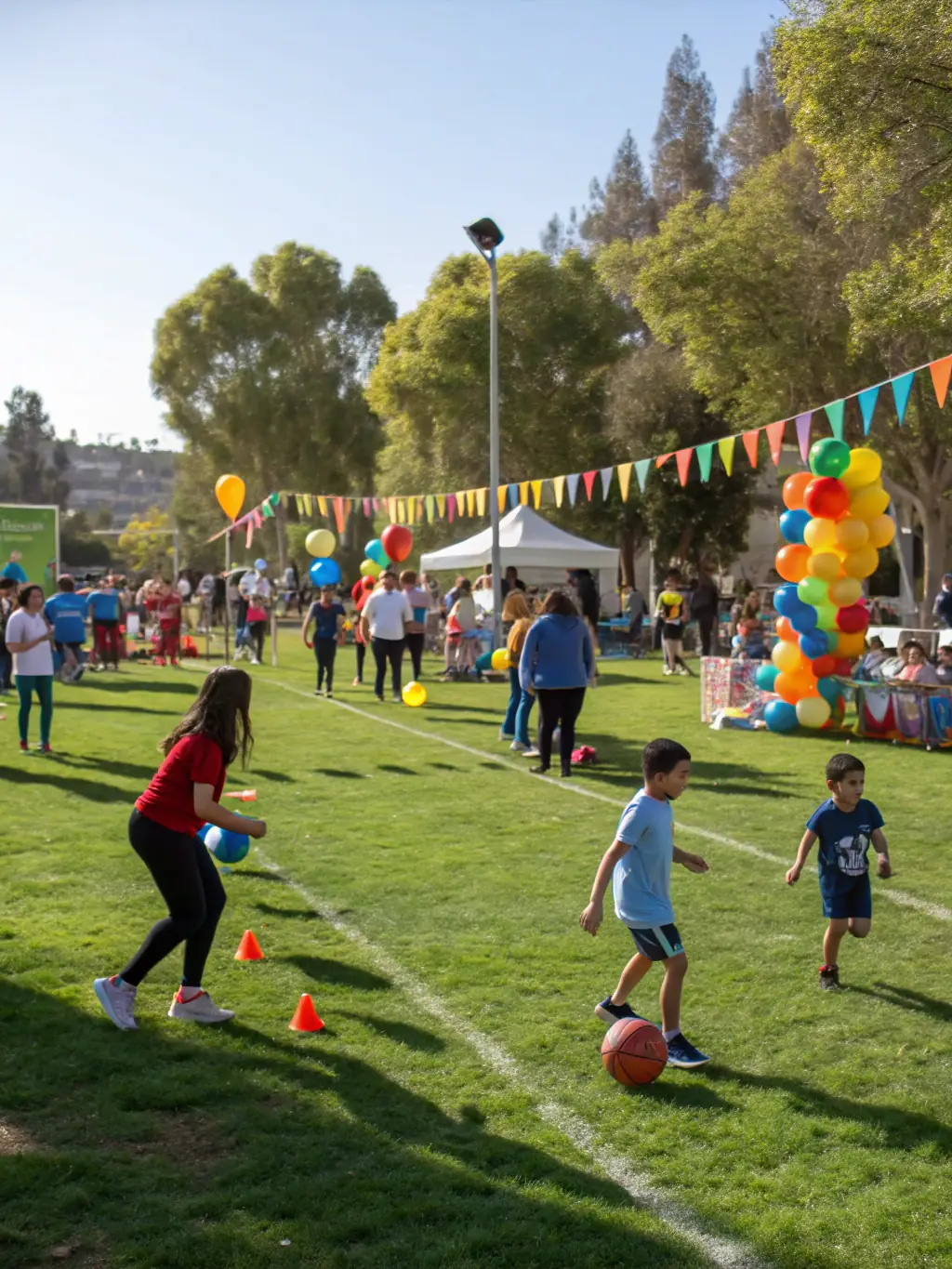 A photo of a community football event, with families and participants enjoying the activities.