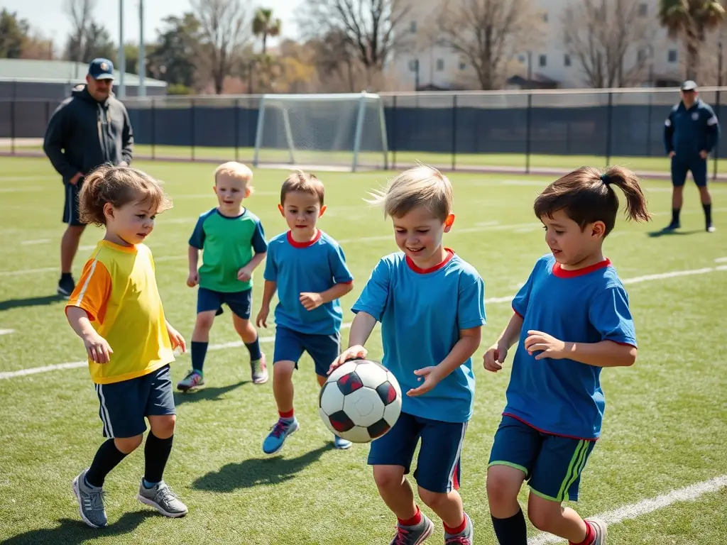 A vibrant image of young children participating in a football training session, showcasing teamwork and fun, set against a backdrop of a sunny football field.