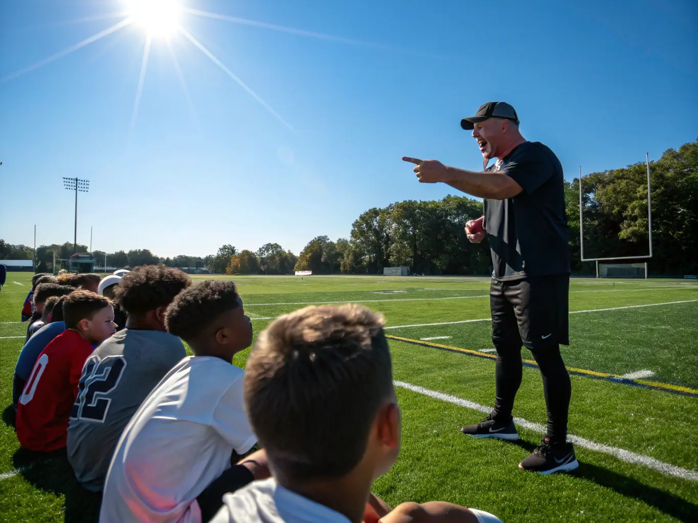 An inspiring image of a coach mentoring young players on the field, emphasizing the importance of respect and guidance within the FOOTBALL SPORTS ASSOCIATION.