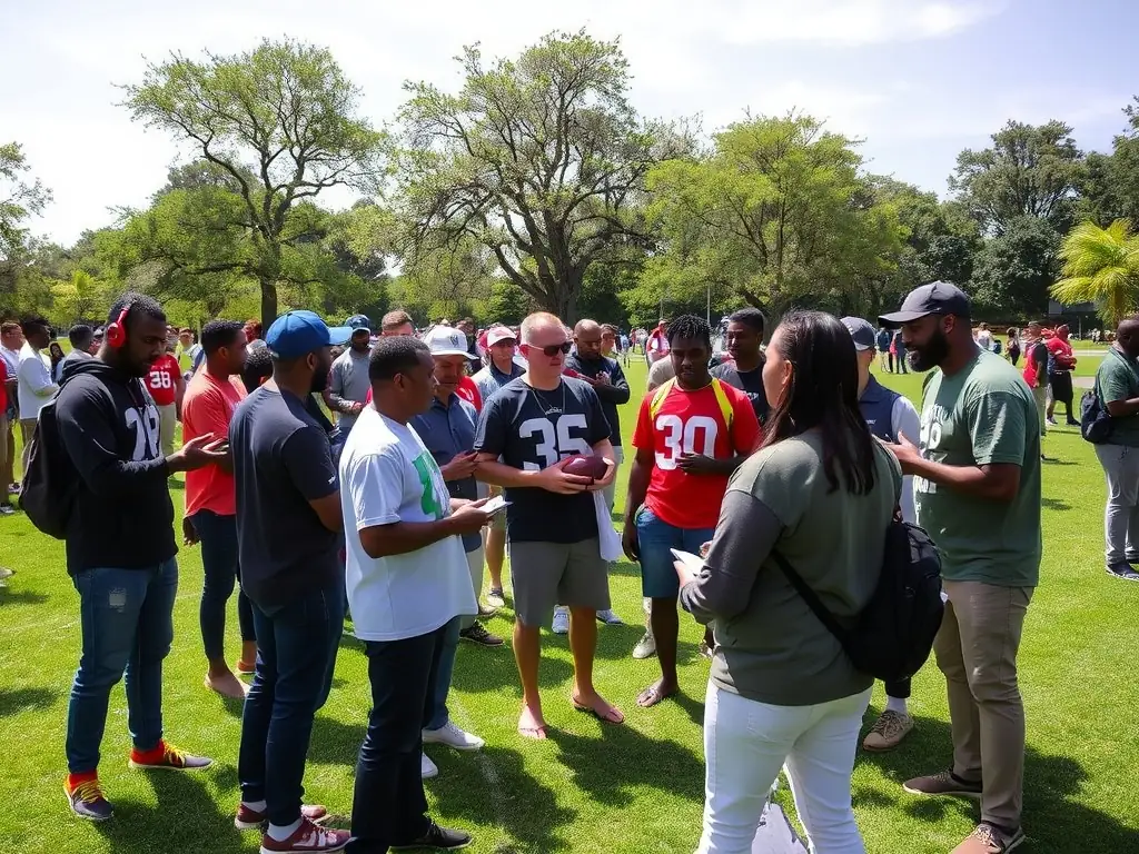 A dynamic image of a community event organized by the FOOTBALL SPORTS ASSOCIATION, featuring families, volunteers, and participants enjoying various football-related activities.