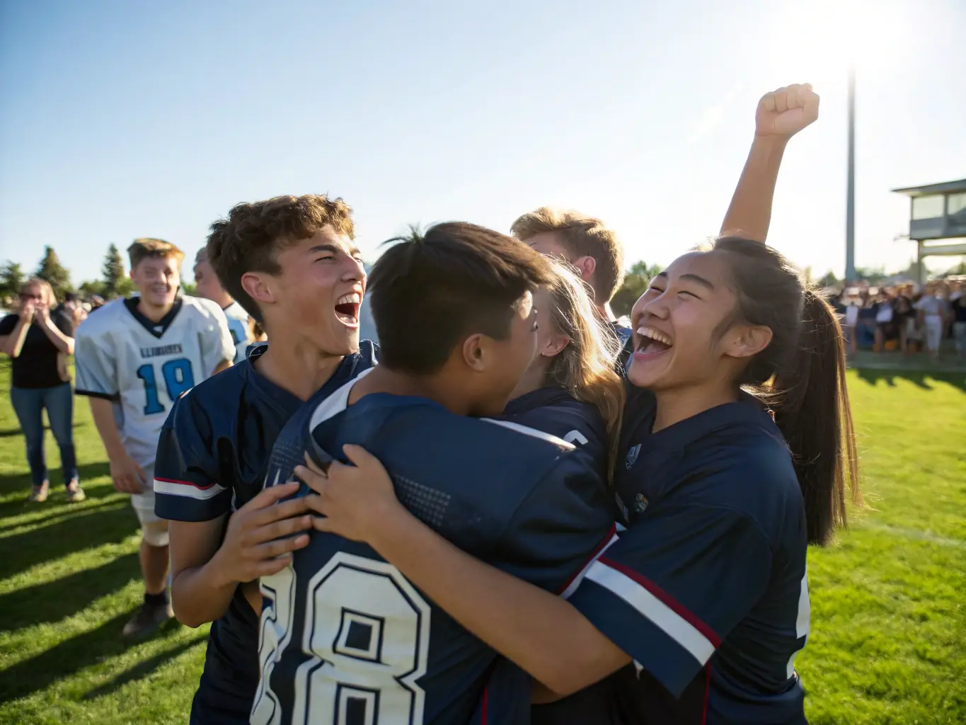 A dynamic image of young athletes celebrating a goal during a football match, symbolizing teamwork and achievement within the FOOTBALL SPORTS ASSOCIATION.