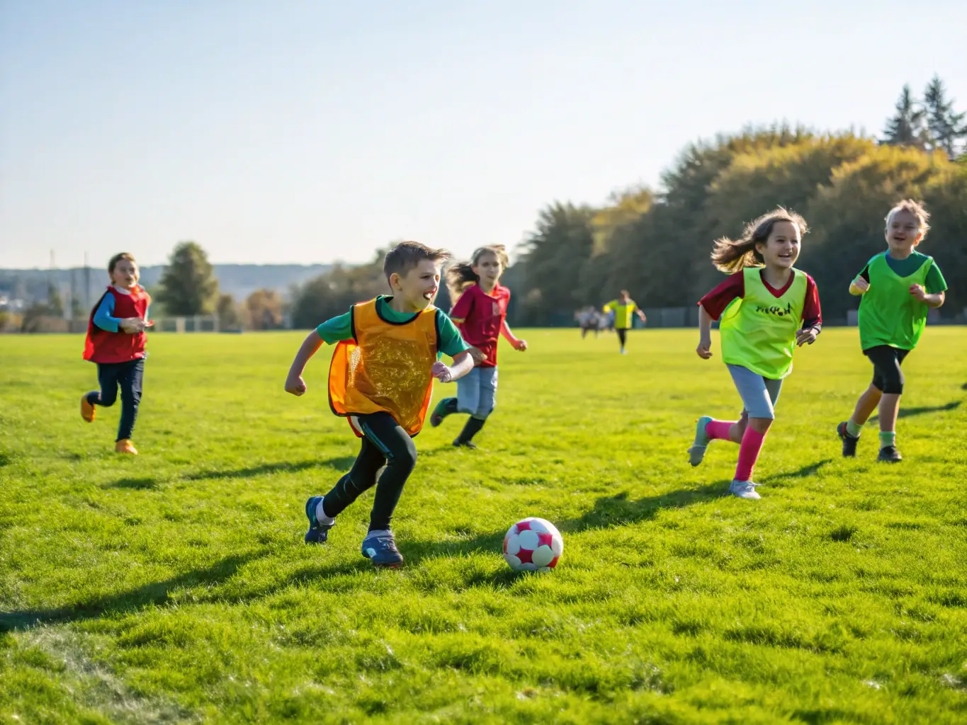 A group of children laughing and playing football together in a park, symbolizing the joy and health benefits of the FOOTBALL SPORTS ASSOCIATION's youth programs.