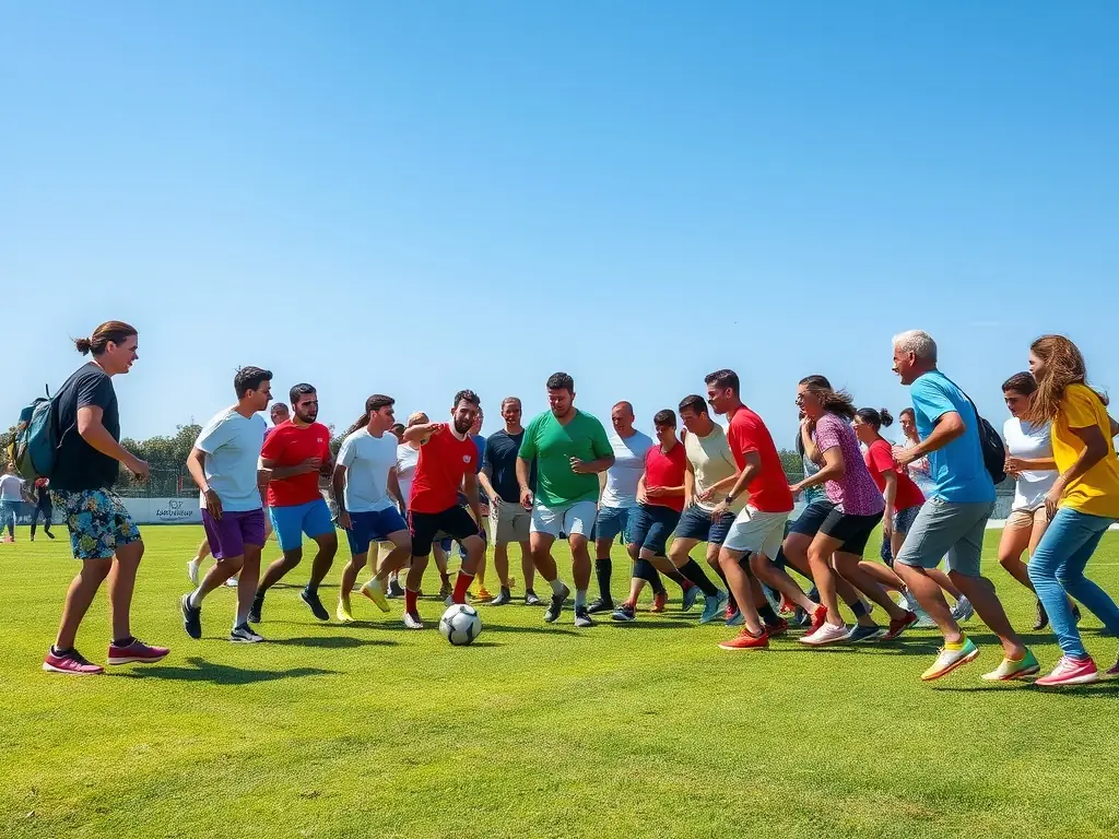 A diverse group of adults participating in a community football match, showcasing the inclusivity and social bonding fostered by the FOOTBALL SPORTS ASSOCIATION.